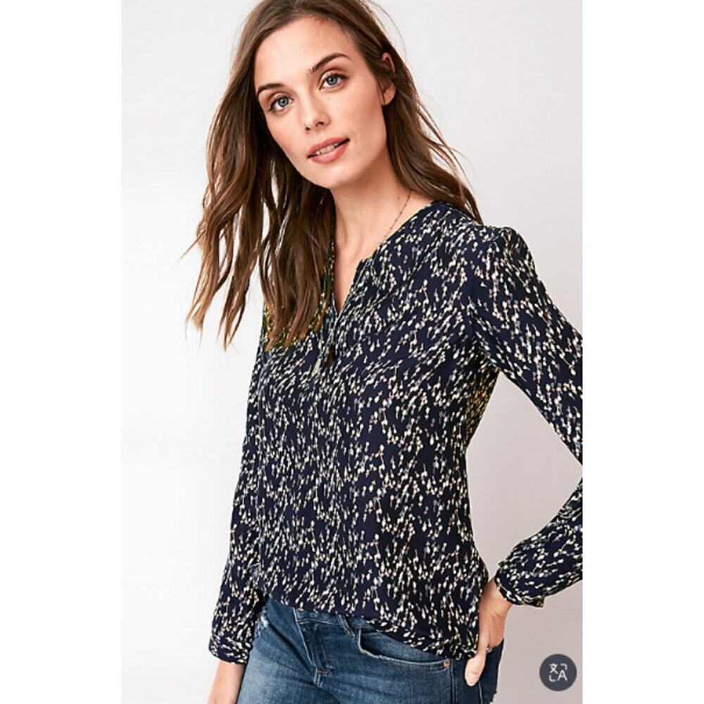 Garnet Hill Washed-Silk Floral Long Sleeve Split-Neck Blouse Top Navy/White 14